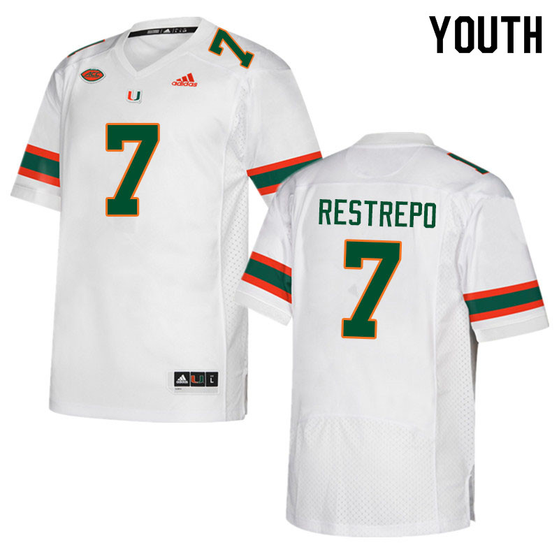 Youth #7 Xavier Restrepo Miami Hurricanes College Football Jerseys Sale-White - Click Image to Close